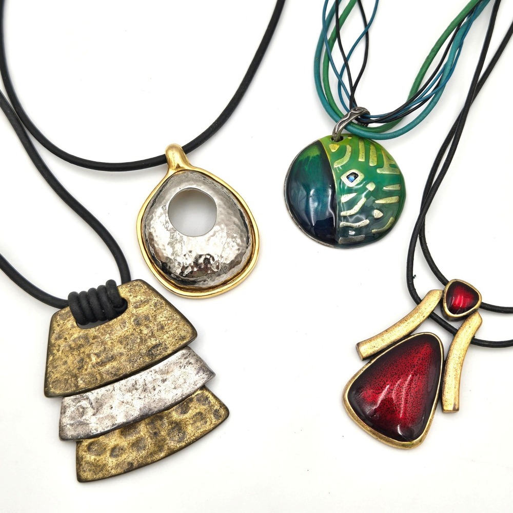Chicos Mixed Metal Enamel Pendant Necklace Lot 4pc Hammered Geometric Cord